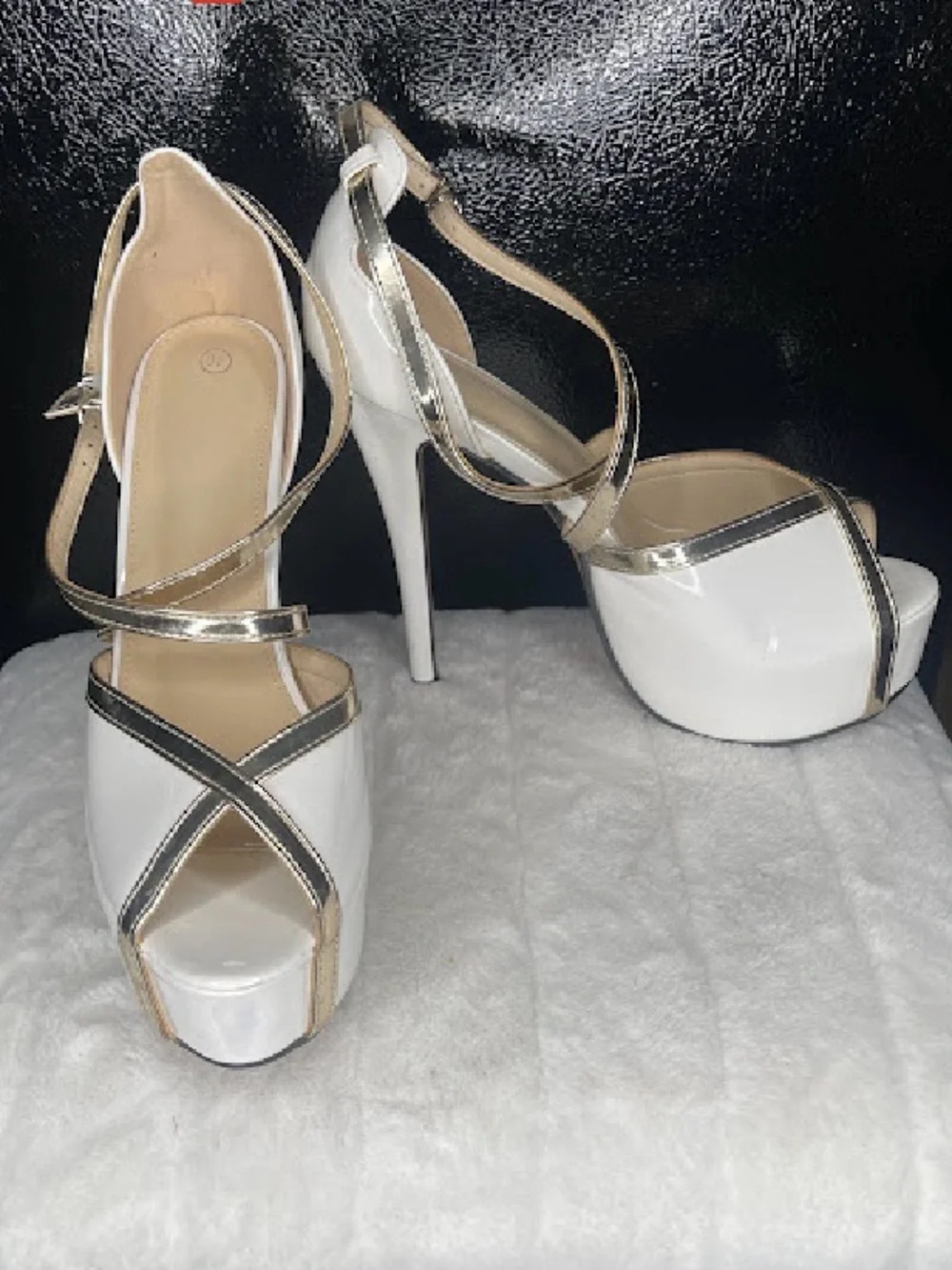 White Platform Peep-Toe Sandals with Gold Straps - Women